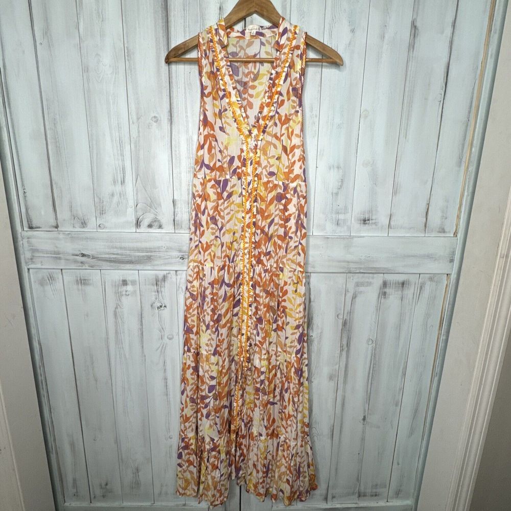 POUPETTE ST BARTH NANA YELLOW FLORAL LEAF SLEEVELESS TIERED BUTTON MAXI DRESS‎ M